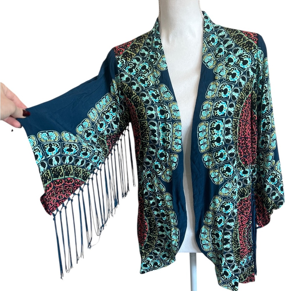 Cleobella Boho Fringe Kimono Cardigan Medium Festival Blue Print